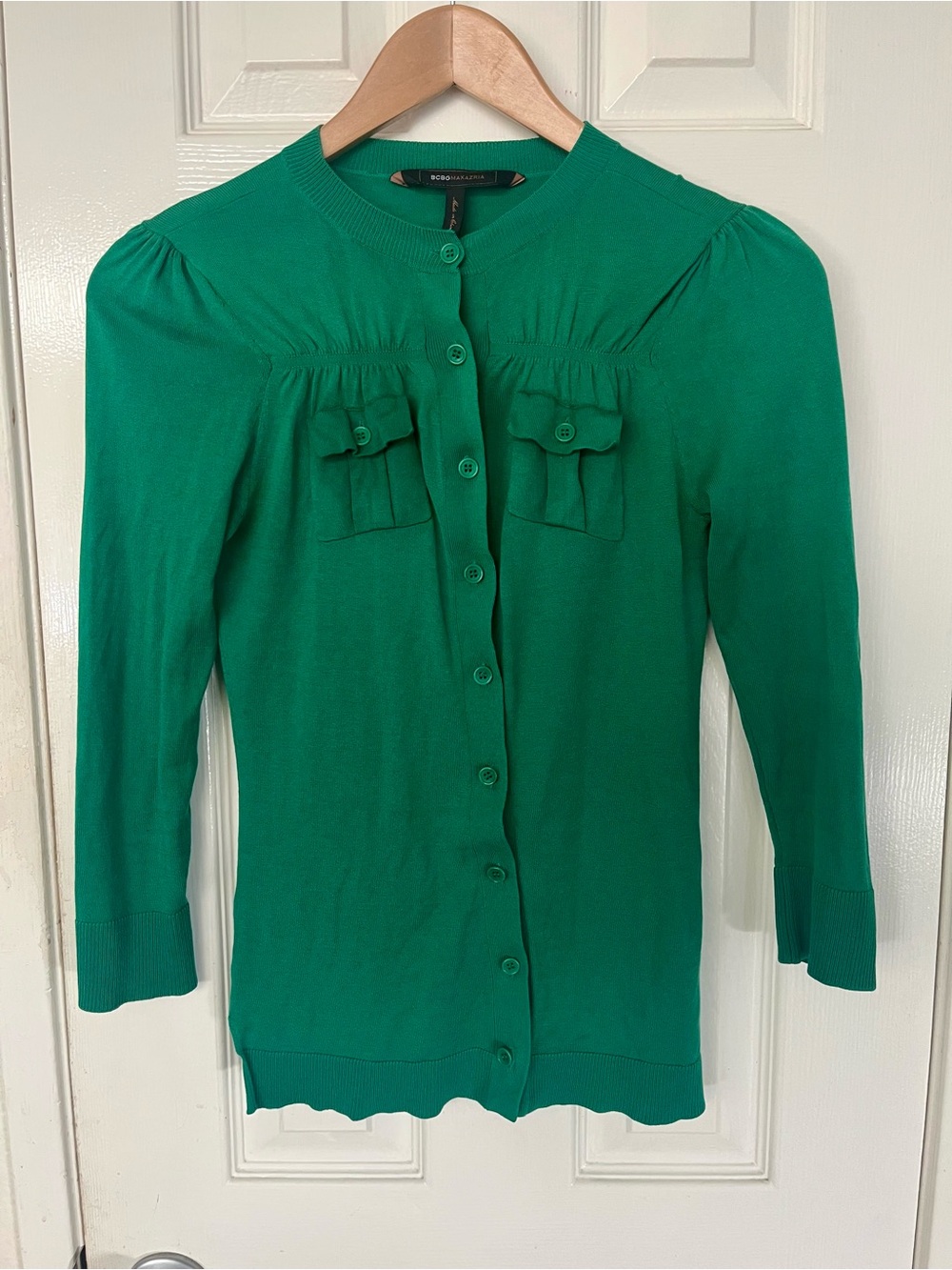 BCBGMAXAZRIA Emerald Green Button Up Cardigan Sweater S 3/4 Sleeve Pocket Y2K